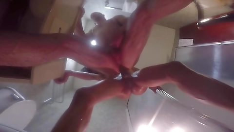 Black shemale and a dude in the shower have some interracial stuff