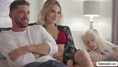 Shemale sucks stepbrother's hard cock in the bedroom