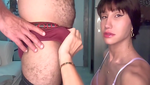 Horny shemale with a big ass fucks her ass and mouth