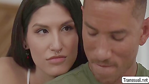 Busty tranny gets fucked by big dick and deep throats