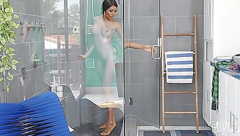 Anal brunette shemale with big tits gets rimmed by the guy