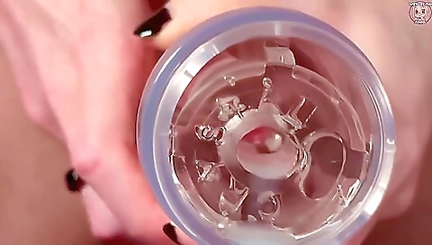 Blonde babe with big tits takes a toy and creampie