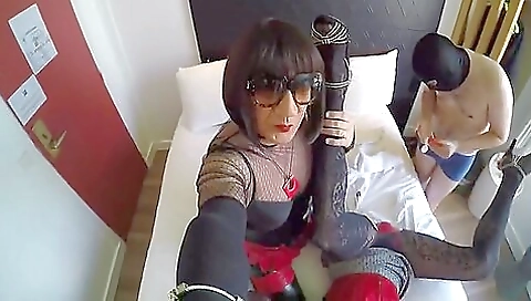 Bright brunette babe in sexy hotel outfit gets fucked